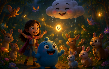 River, Bloop, the golden spark, a smiling cloud, and woodland friends